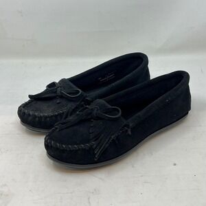 Minnetonka Newport Moc Black Suede Moccasin Shoes Women's Size 7 VTG NEW
